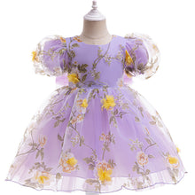 Cargar imagen en el visor de la galería, Vestido con mangas abullonadas y detalles de flores 3D
