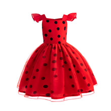 Carregar imagem no visualizador da galeria, Vestido rojo con motas estilo Ladybug con moño , antifaz y guantes
