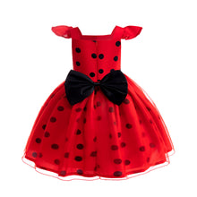 Carregar imagem no visualizador da galeria, Vestido rojo con motas estilo Ladybug con moño , antifaz y guantes
