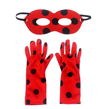 Carregar imagem no visualizador da galeria, Vestido rojo con motas estilo Ladybug con moño , antifaz y guantes
