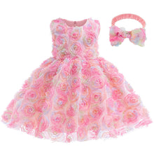 Carregar imagem no visualizador da galeria, Vestido rosa con flores 3D coloridos y vincha

