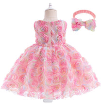 Carregar imagem no visualizador da galeria, Vestido rosa con flores 3D coloridos y vincha
