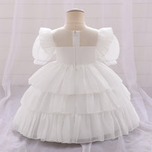 Carregar imagem no visualizador da galeria, Vestido blanco escalonado con volados y moño
