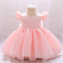 Carregar imagem no visualizador da galeria, Vestido liso rosa con detalles  de lentejuelas  y moño
