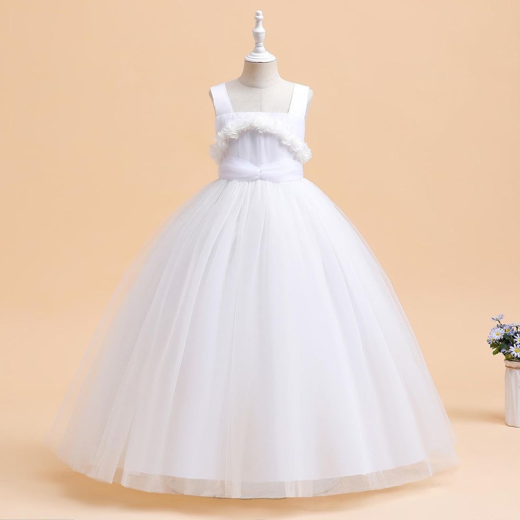 Vestido blanco de tul largo con flores 3D