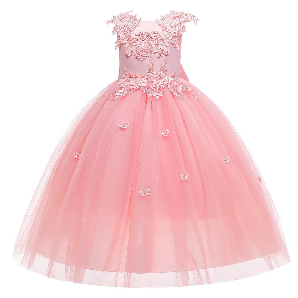 Vestido largo con bordados de flores y moño