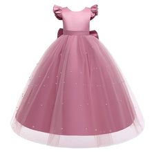 Carregar imagem no visualizador da galeria, Vestido largo con volado, moño grande y falda de tul con perlas
