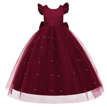 Carregar imagem no visualizador da galeria, Vestido largo con volado, moño grande y falda de tul con perlas
