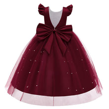 Carregar imagem no visualizador da galeria, Vestido largo con volado, moño grande y falda de tul con perlas

