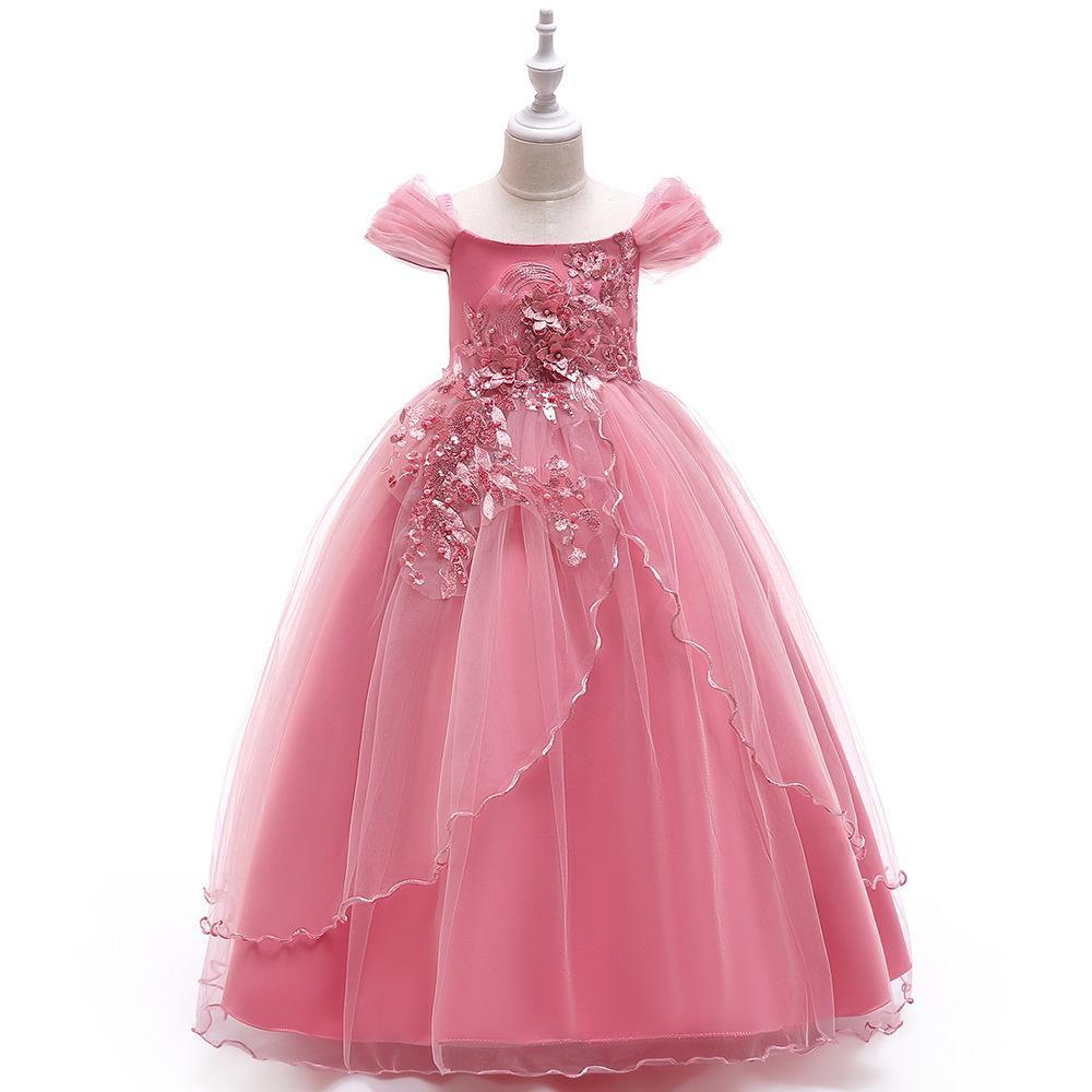 Vestido largo con mangas de tul y bordado de flores