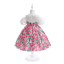 Carregar imagem no visualizador da galeria, Vestido blanco y rosa con estampas de tulipanes y moño con cartera
