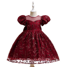 Carregar imagem no visualizador da galeria, Vestido bordo con mangas abullonadas y bordados de hojas con moño
