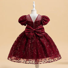 Carregar imagem no visualizador da galeria, Vestido bordo con mangas abullonadas y bordados de hojas con moño
