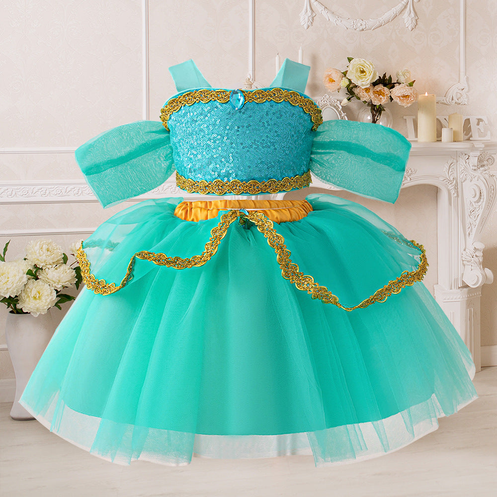 Crop con lentejuelas y pollera turquesa estilo Jazmin de Aladdin
