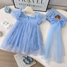 Cargar imagen en el visor de la galería, Vestido celeste con brillo estilo Elsa de Frozen, perlas y moño
