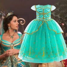 Cargar imagen en el visor de la galería, Vestido turquesa con dorado y estampas de Jazmín de Aladdin

