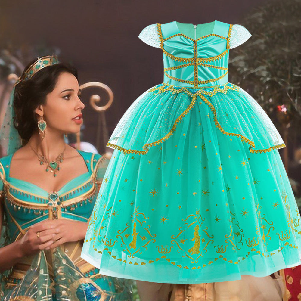 Vestido turquesa con dorado y estampas de Jazmín de Aladdin