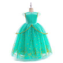 Cargar imagen en el visor de la galería, Vestido turquesa con dorado y estampas de Jazmín de Aladdin
