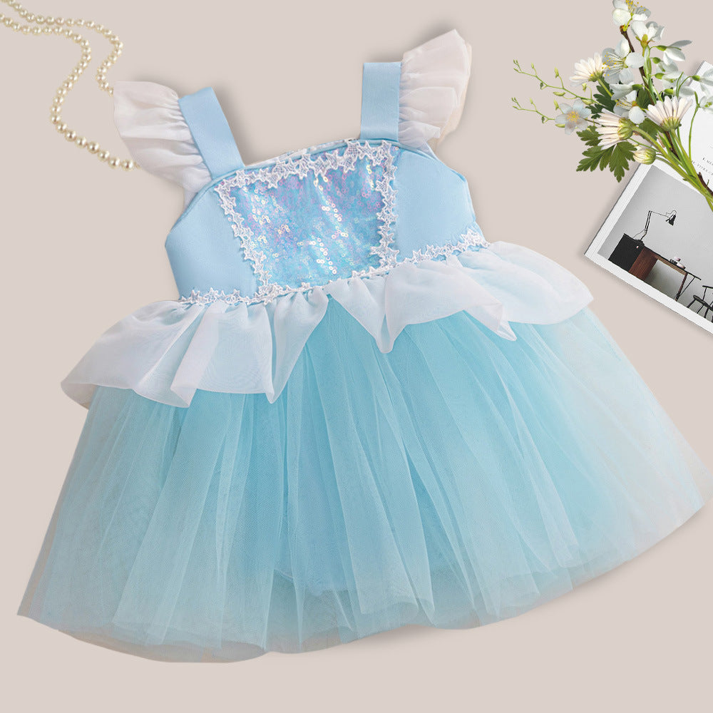 Body vestido celeste con lentejuelas y tul estilo Cenicienta