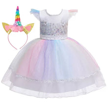 Carregar imagem no visualizador da galeria, Vestido con brillo y tul colorido con vincha de unicornio
