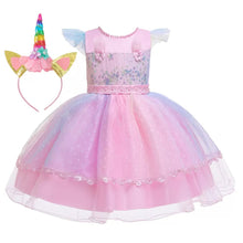 Carregar imagem no visualizador da galeria, Vestido con brillo y tul colorido con vincha de unicornio
