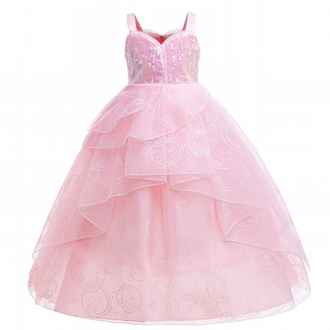 Vestido rosa con lentejuelas y tul escalonado