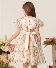 Carregar imagem no visualizador da galeria, Vestido crema de flores con mariposas y moño grande
