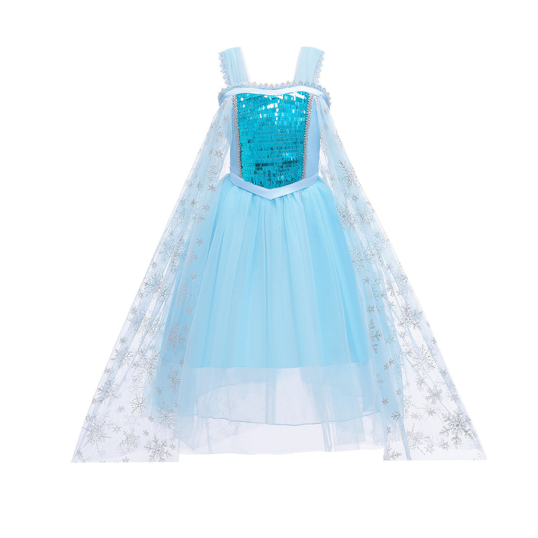 Vestido celeste con lentejuelas de Frozen con capa