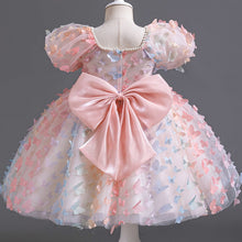 Cargar imagen en el visor de la galería, Vestido con mariposas coloridos, perlas y moño grande
