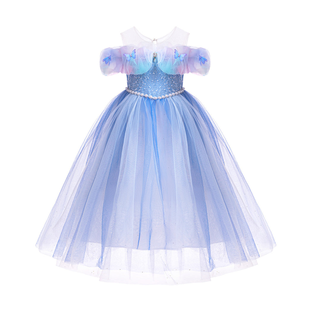 Vestido celeste estilo Cenicienta con perlas, manga de tul colorido con mariposas