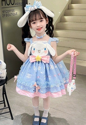 Vestido celeste con rosa de Cinnamoroll (Sanrio) moño grande, hebillas con vincha