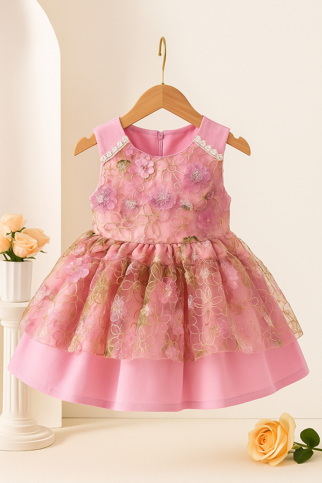 Vestido polar rosa con tul y detalles de flores