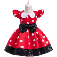 Cargar imagen en el visor de la galería, Vestido rojo, motas blancas, moño negro estilo de Minnie Mouse con vincha
