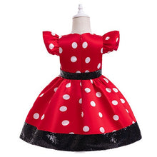 Cargar imagen en el visor de la galería, Vestido rojo, motas blancas, moño negro estilo de Minnie Mouse con vincha
