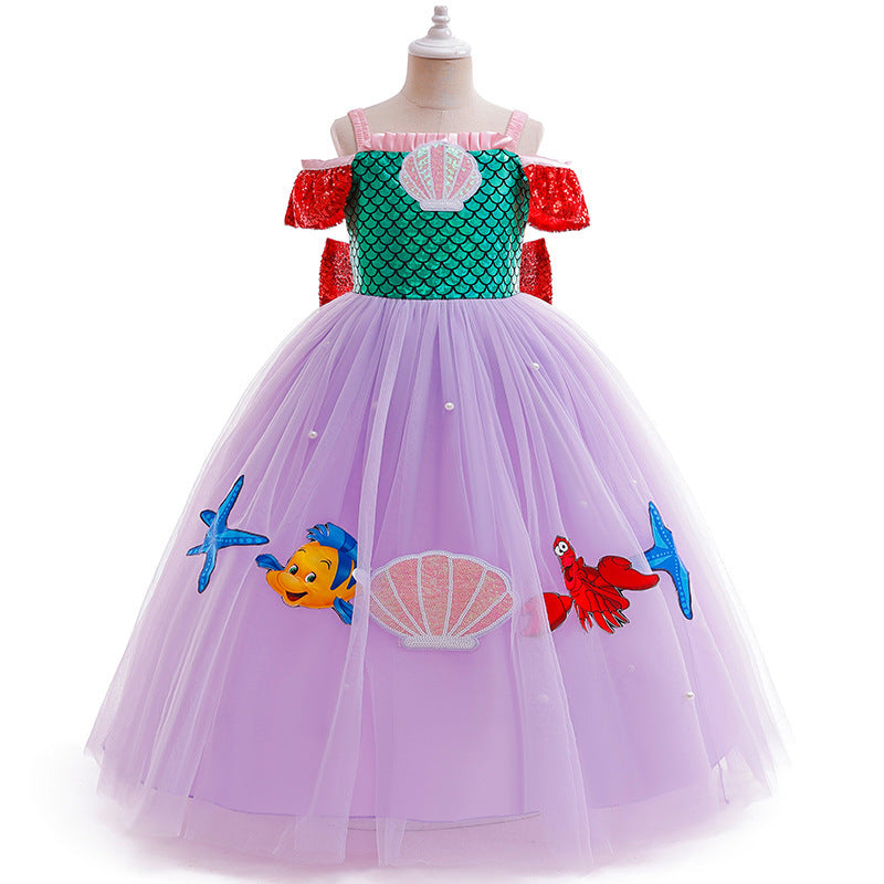 Vestido lila con verde, detalles rojo estilo sirena con diseños