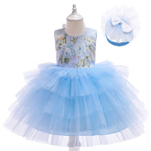 Carregar imagem no visualizador da galeria, Vestido celeste de flores y tul escalonado con vincha
