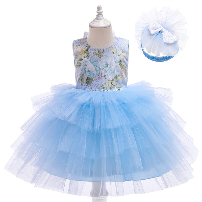 Vestido celeste de flores y tul escalonado con vincha