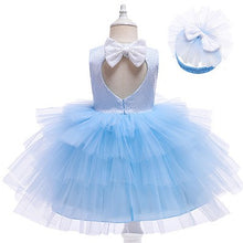 Carregar imagem no visualizador da galeria, Vestido celeste de flores y tul escalonado con vincha
