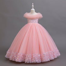 Carregar imagem no visualizador da galeria, Vestido largo con flores y tul en los hombros con brillo

