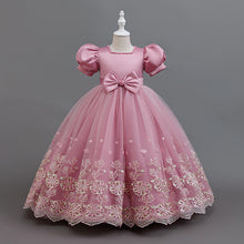 Carregar imagem no visualizador da galeria, Vestido largo con mangas abullonadas y bordados con moño
