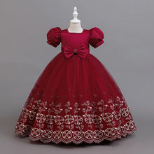 Carregar imagem no visualizador da galeria, Vestido largo con mangas abullonadas y bordados con moño
