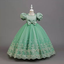 Carregar imagem no visualizador da galeria, Vestido largo con mangas abullonadas y bordados con moño
