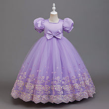Carregar imagem no visualizador da galeria, Vestido largo con mangas abullonadas y bordados con moño

