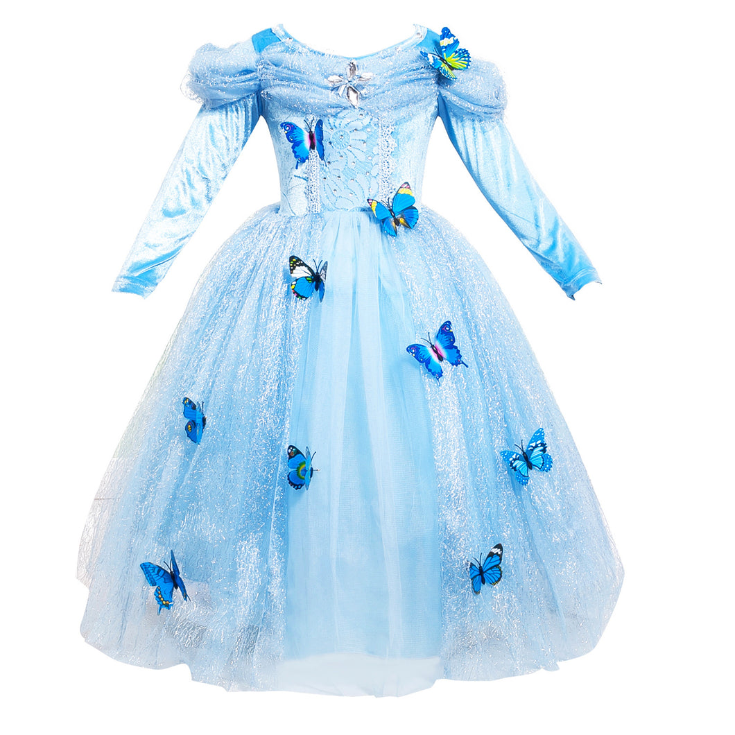 Vestido elegante estilo Cenicienta celeste mangas largas, con brillo y detalles de mariposas