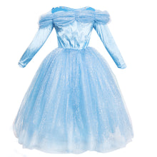 Cargar imagen en el visor de la galería, Vestido elegante estilo Cenicienta celeste mangas largas, con brillo y detalles de mariposas
