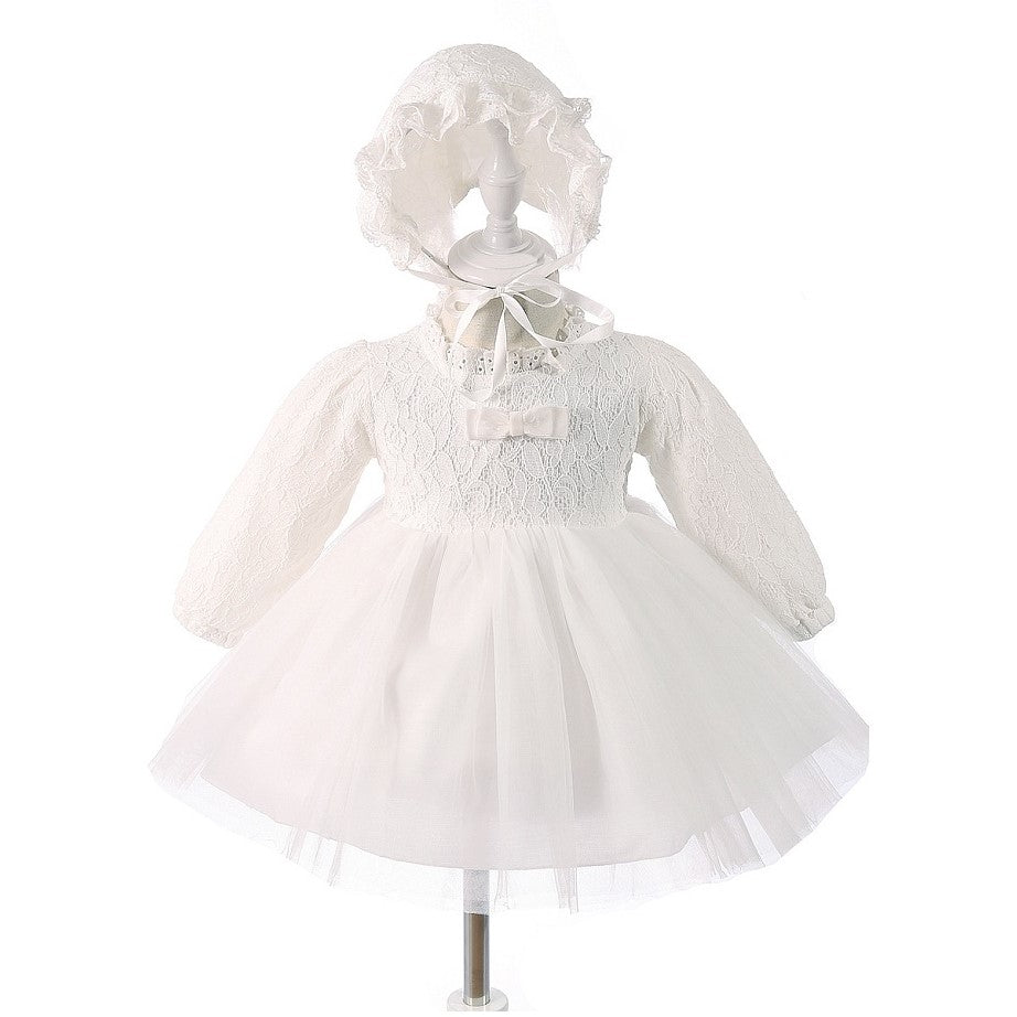 Vestido blanco mangas largas con encaje, moño y gorra, forro polar