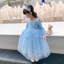 Cargar imagen en el visor de la galería, Vestido celeste estilo Elsa de Frozen con lentejuelas y capa
