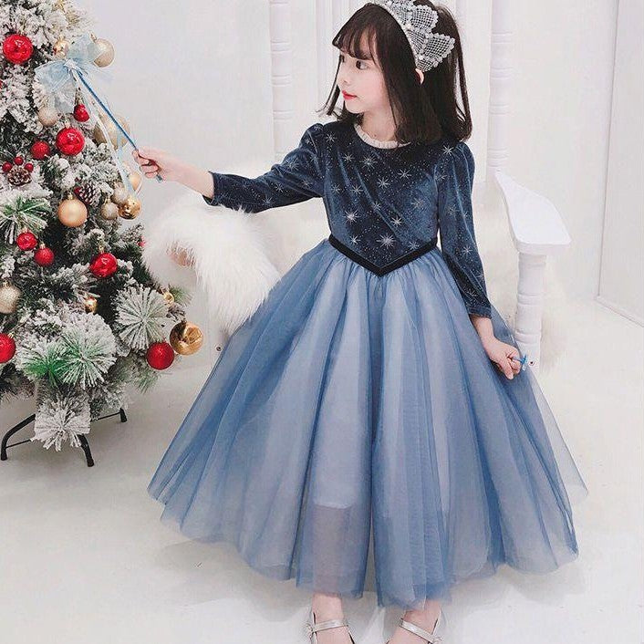 Vestido estilo Frozen azul marino gamuzado y falda de tul