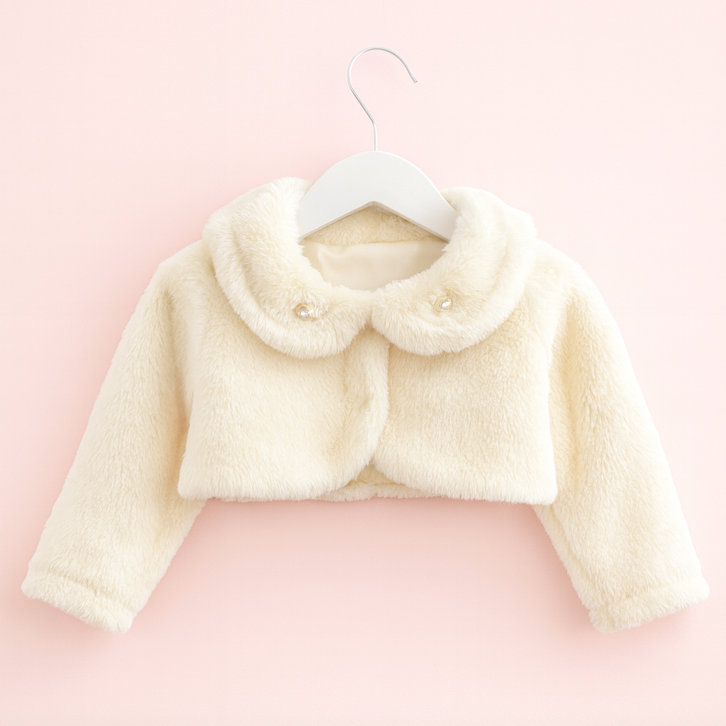 Bolero peludo blanco mangas largas con cuello y perlas