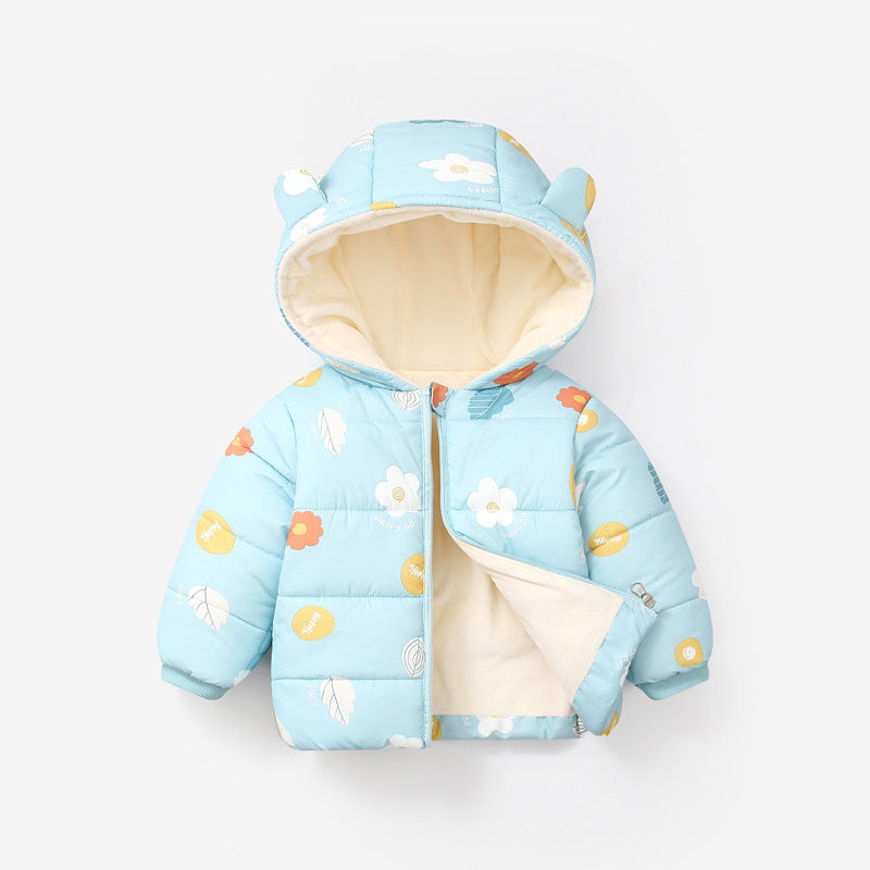 Campera con forro polar de pluma celeste con estampa de flores y capucha con orejas